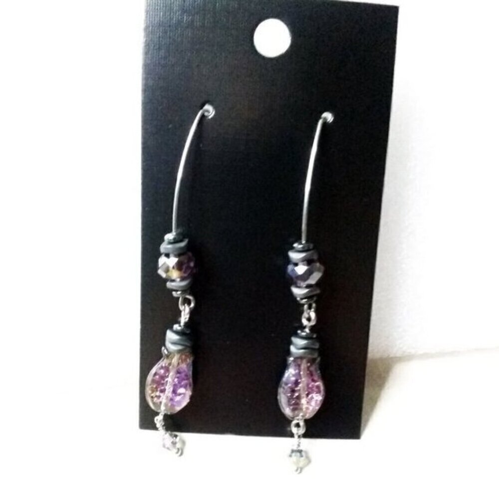 Purple + Black Iridescent Glass Fish Danglers ~ Goth + Beachy! Sea Life Earrings - Picture 6 of 13